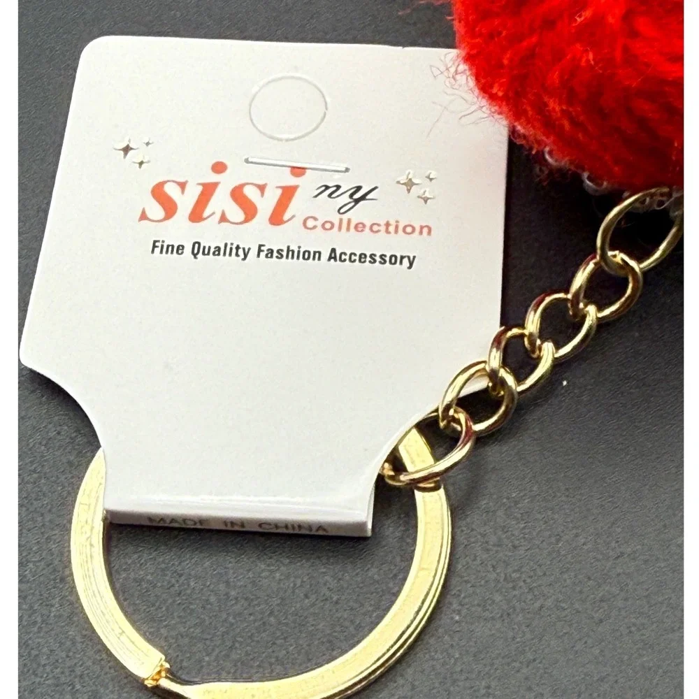 Sisi Collection Red Faux Fur Baby Doll‎ Keychain Rhinestone Hat Gold Chain
